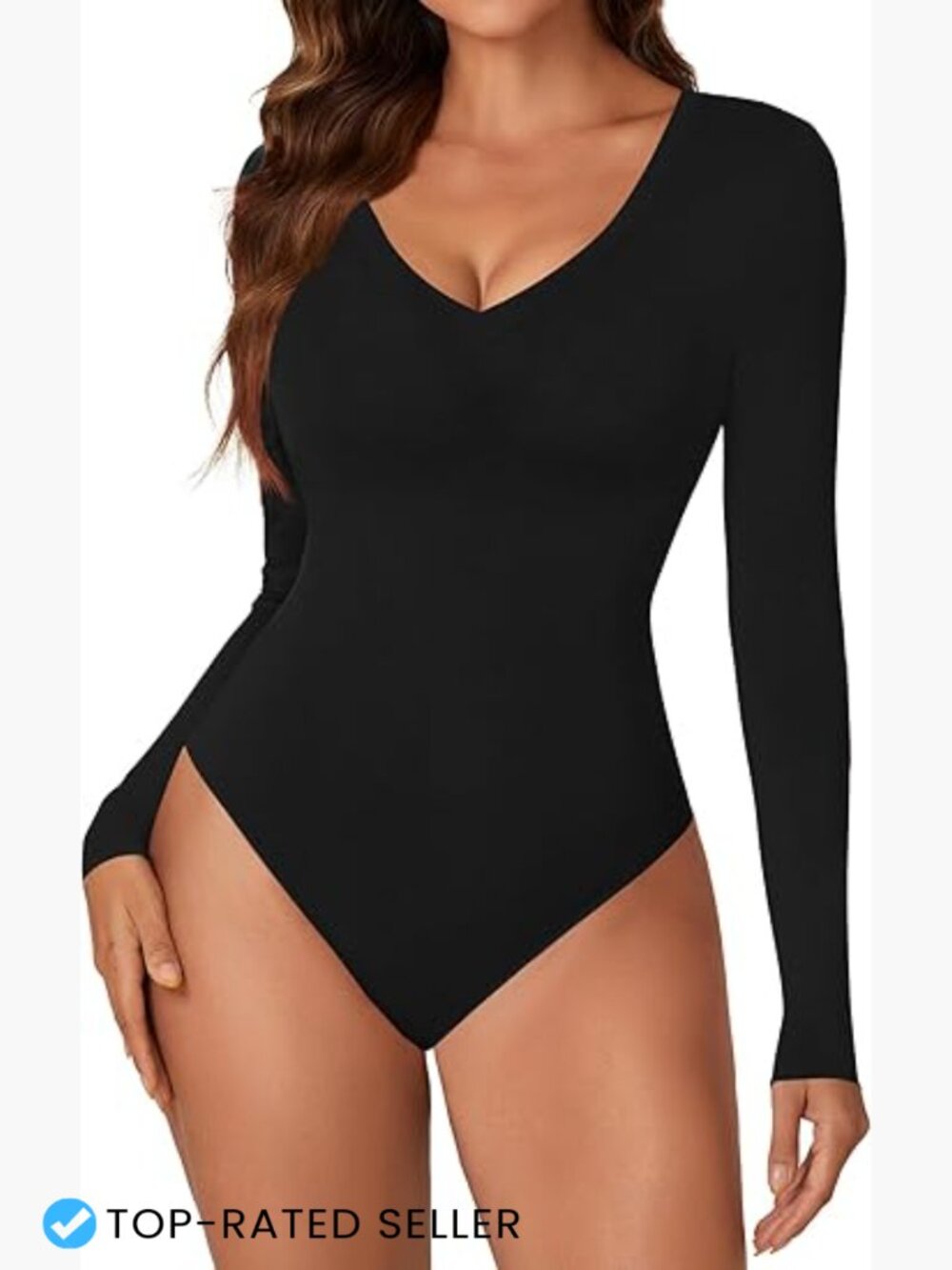 Sexy Deep V Neck Long Sleeve Ribbed Bodysuit Going Out Top Thong Body Suit